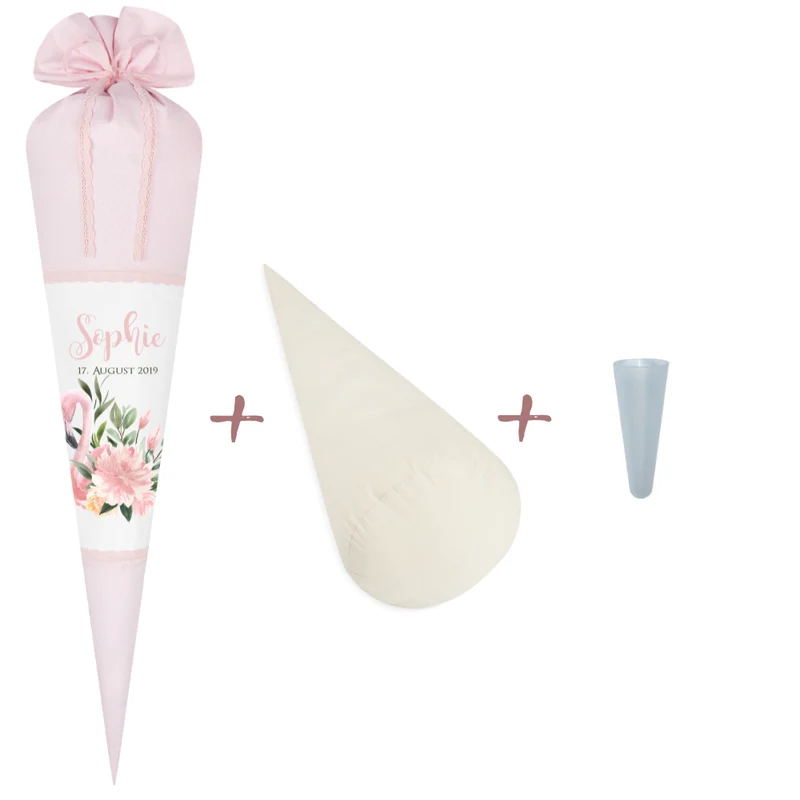 Schöne Schultüte aus rosa Stoff mit einem Flamingo | Stoffschultüte mit Namen u. Einschulungsdatum des Mädchens | Optional mit Füllkissen und Spitzenschutz