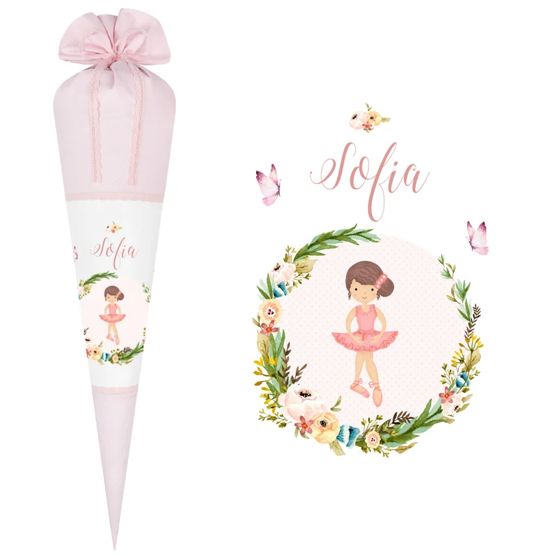Besondere Schultüte aus rosa Stoff mit einer Ballerina | Personalisierte Stoffschultüte liebevoll handgefertigt | Optional mit Füllkissen und Spitzenschutz