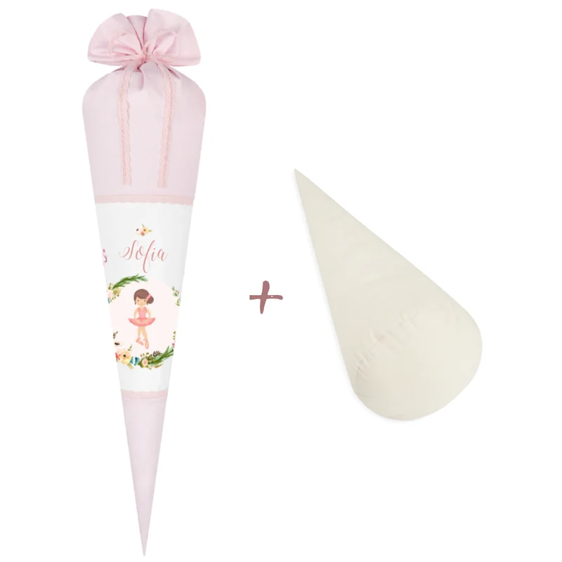 Besondere Schultüte aus rosa Stoff mit einer Ballerina | Personalisierte Stoffschultüte liebevoll handgefertigt | Optional mit Füllkissen und Spitzenschutz