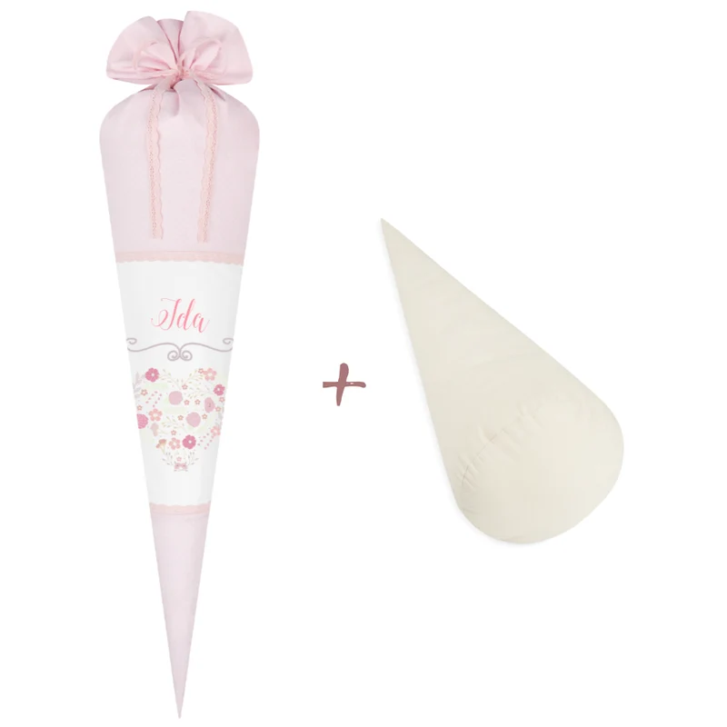 Schultüte mit einem Herz und dem Namen des Kindes | Besondere Stoffschultüte für Mädchen aus rosa Stoff | Optional mit Füllkissen und Spitzenschutz