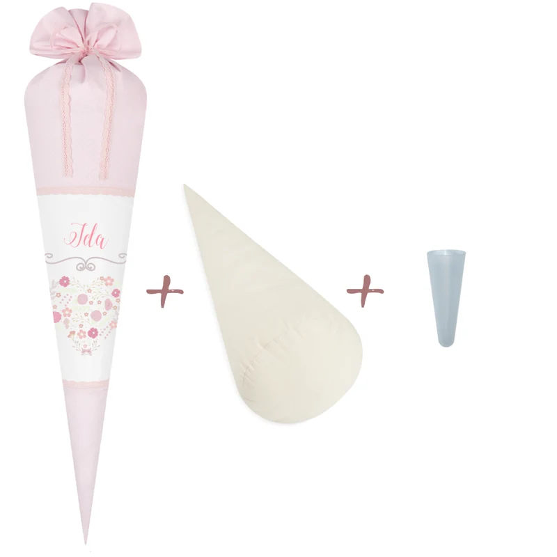 Schultüte mit einem Herz und dem Namen des Kindes | Besondere Stoffschultüte für Mädchen aus rosa Stoff | Optional mit Füllkissen und Spitzenschutz