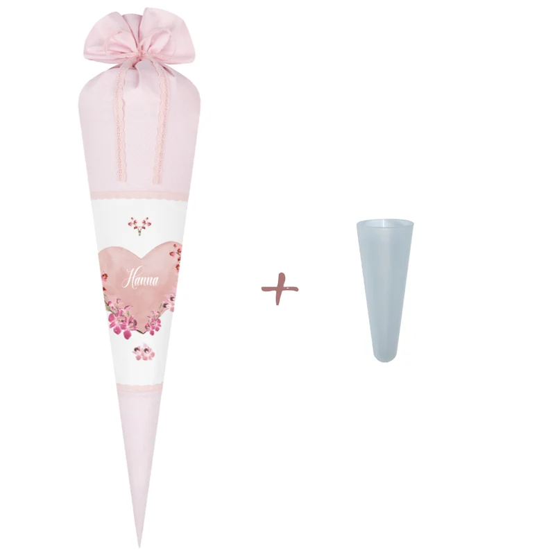 Schultüte aus rosa Stoff für Mädchen | Personalisierte Stoffschultüte mit einem Herz | Optional mit Füllkissen und Spitzenschutz