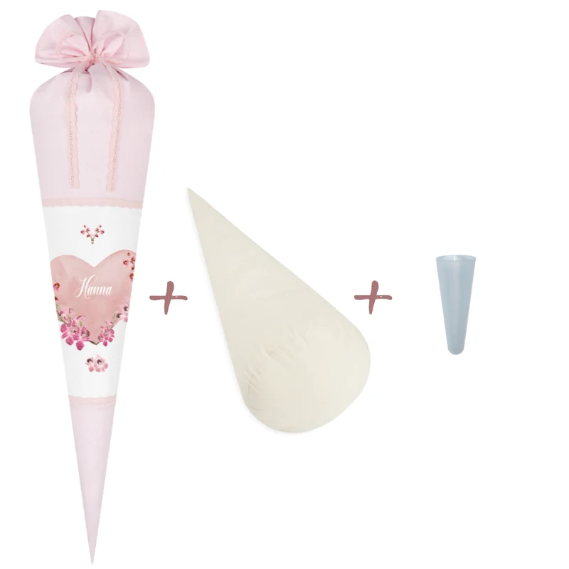 Schultüte aus rosa Stoff für Mädchen | Personalisierte Stoffschultüte mit einem Herz | Optional mit Füllkissen und Spitzenschutz