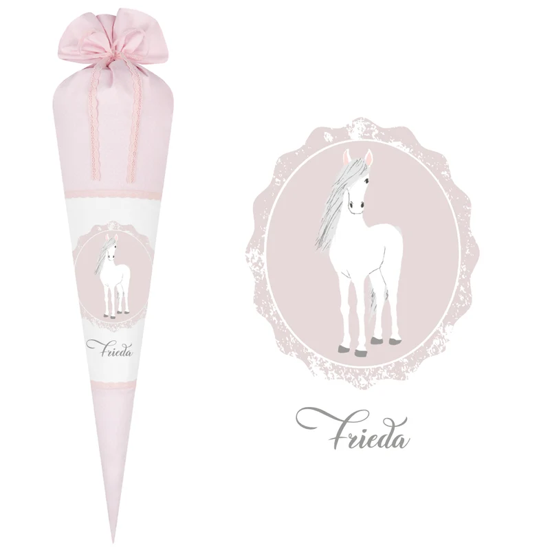 Schultüte aus rosa Stoff mit einem Pony | Personalisierte Stoffschultüte für Mädchen | Optional mit Füllkissen und Spitzenschutz