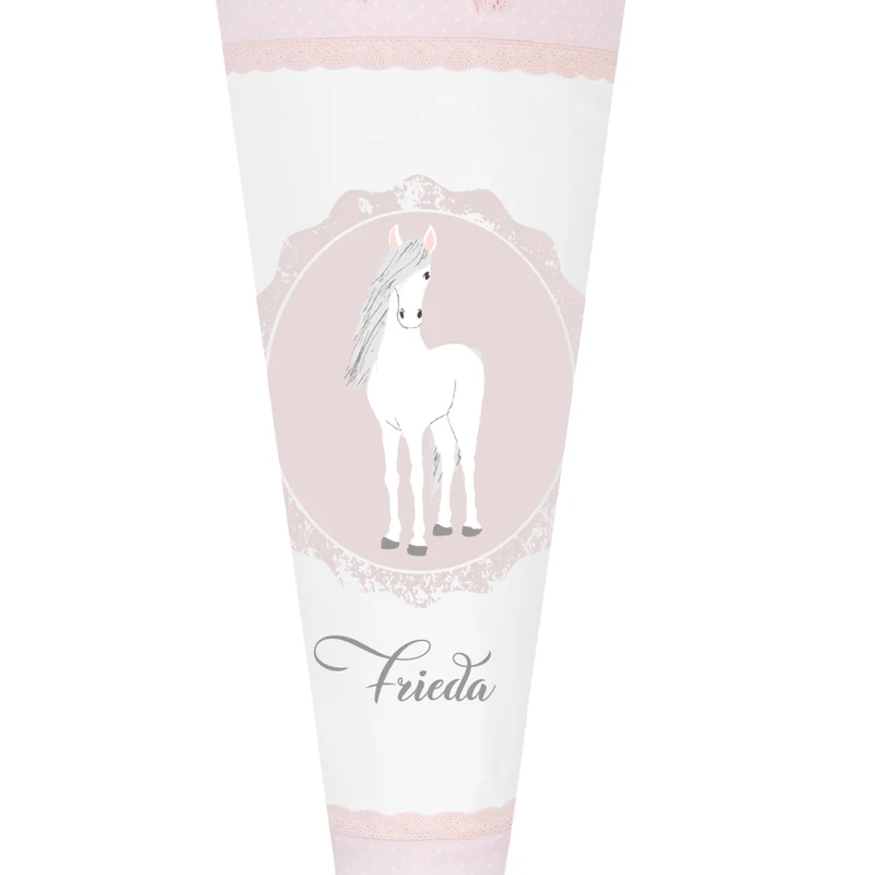 Schultüte aus rosa Stoff mit einem Pony | Personalisierte Stoffschultüte für Mädchen | Optional mit Füllkissen und Spitzenschutz