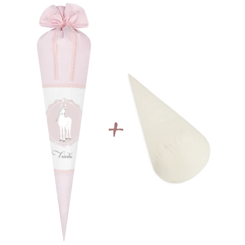 Schultüte aus rosa Stoff mit einem Pony | Personalisierte Stoffschultüte für Mädchen | Optional mit Füllkissen und Spitzenschutz