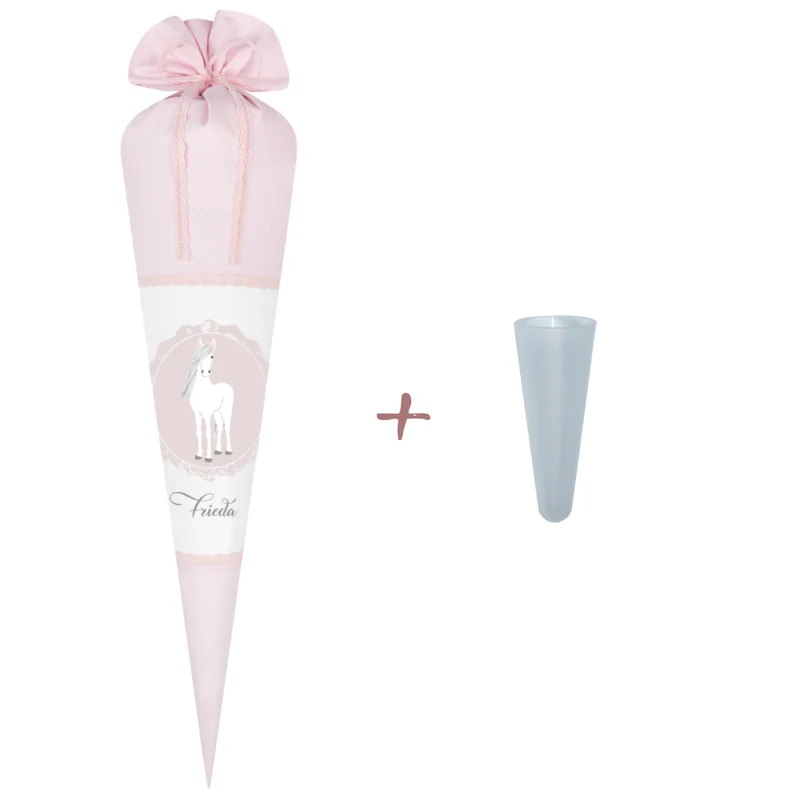 Schultüte aus rosa Stoff mit einem Pony | Personalisierte Stoffschultüte für Mädchen | Optional mit Füllkissen und Spitzenschutz