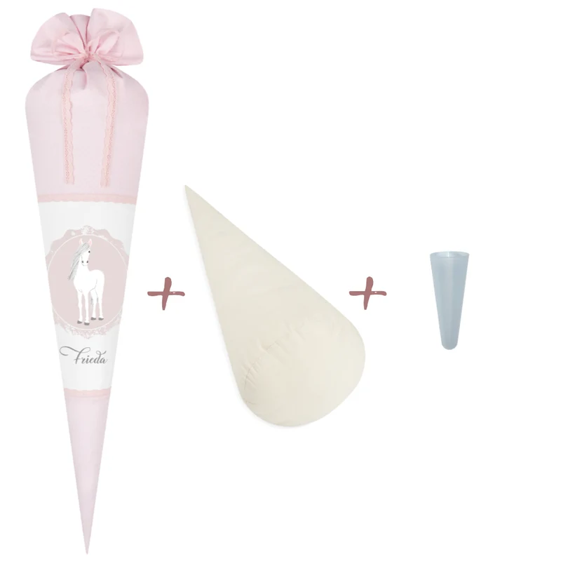 Schultüte aus rosa Stoff mit einem Pony | Personalisierte Stoffschultüte für Mädchen | Optional mit Füllkissen und Spitzenschutz