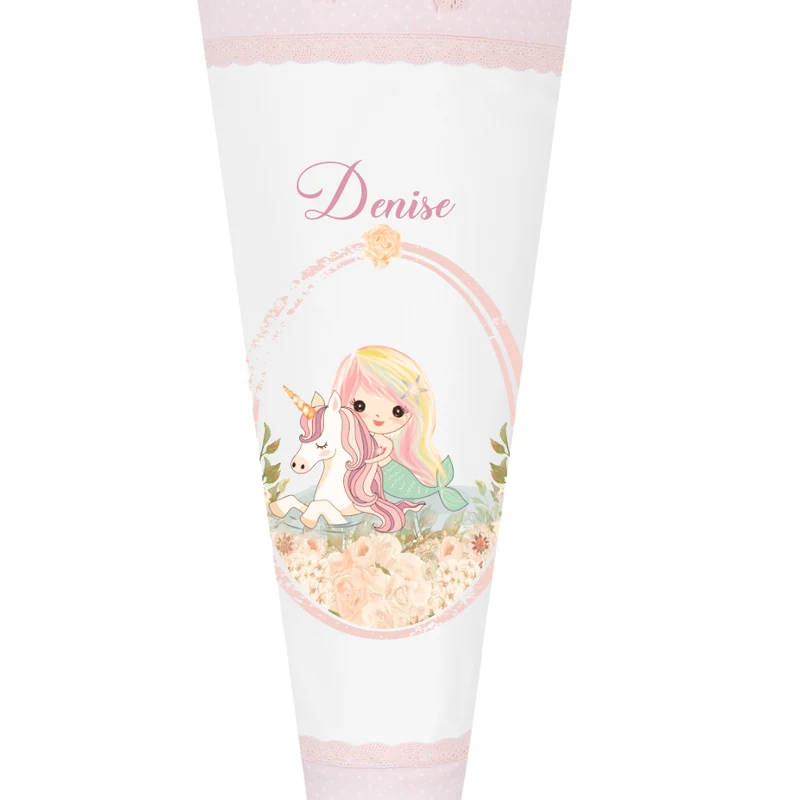 Schultüte "Meerjungfrau mit Einhorn" für Mädchen mit Namen | Personalisierte Stoffschultüte aus rosa Stoff mit weißen Punkten genäht | Optional mit Füllkissen und Spitzenschutz