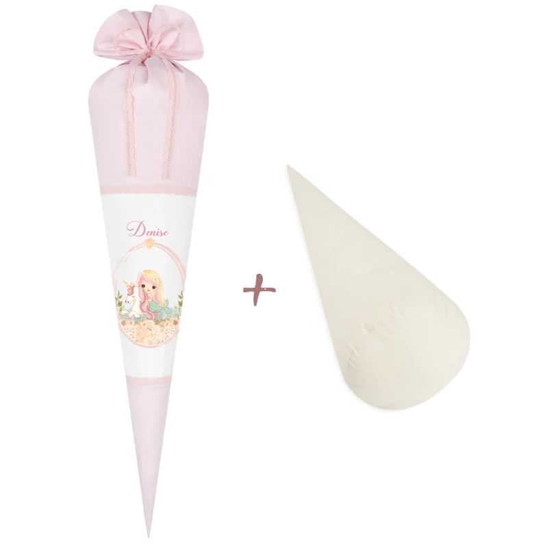 Schultüte "Meerjungfrau mit Einhorn" für Mädchen mit Namen | Personalisierte Stoffschultüte aus rosa Stoff mit weißen Punkten genäht | Optional mit Füllkissen und Spitzenschutz