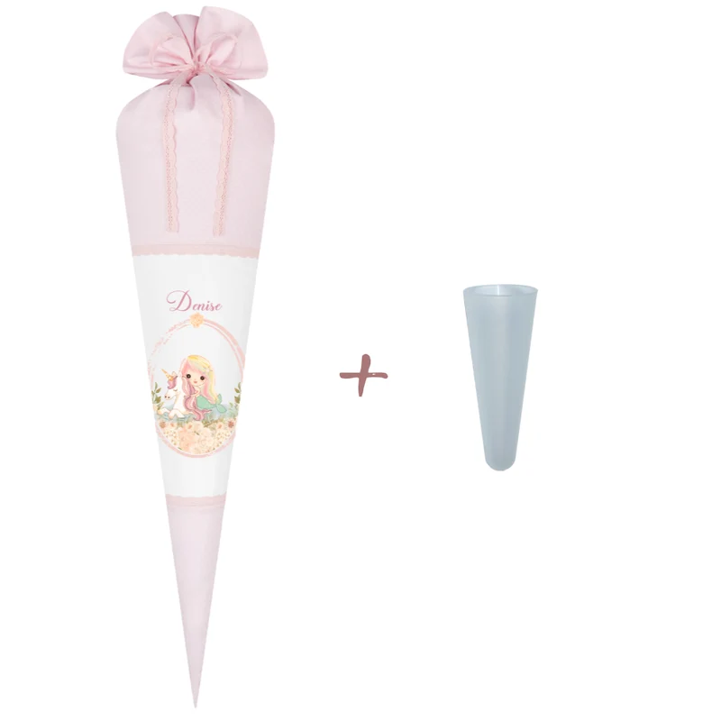 Schultüte "Meerjungfrau mit Einhorn" für Mädchen mit Namen | Personalisierte Stoffschultüte aus rosa Stoff mit weißen Punkten genäht | Optional mit Füllkissen und Spitzenschutz