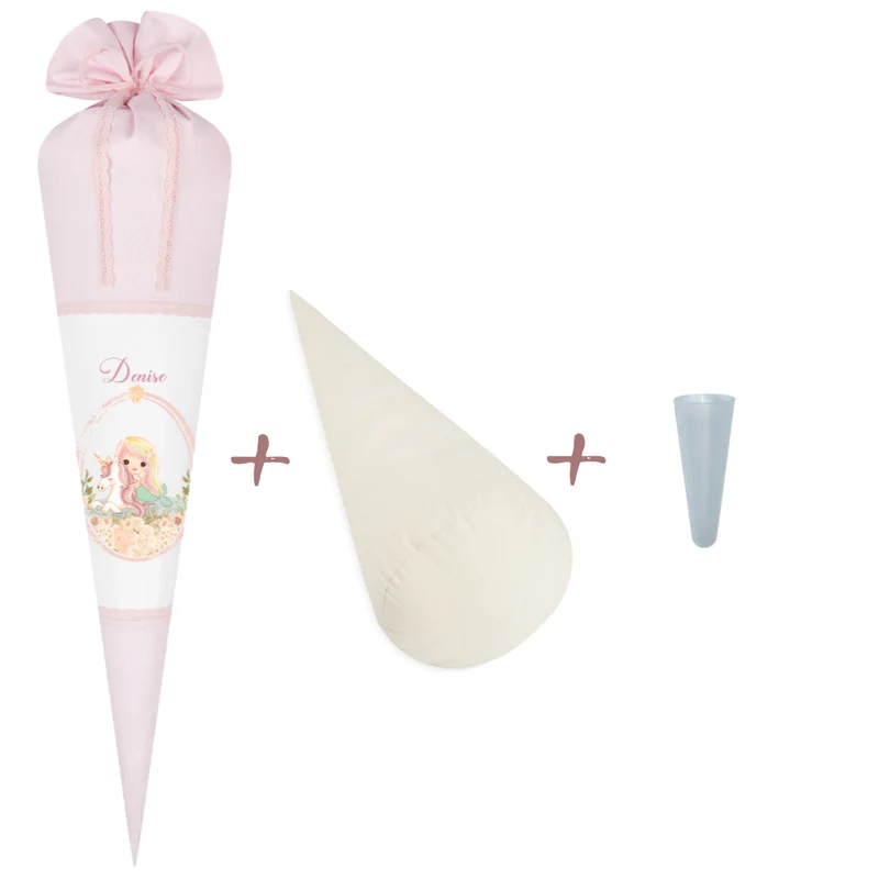 Schultüte "Meerjungfrau mit Einhorn" für Mädchen mit Namen | Personalisierte Stoffschultüte aus rosa Stoff mit weißen Punkten genäht | Optional mit Füllkissen und Spitzenschutz