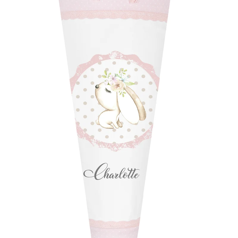 Schultüte "Hase" in Rosa mit weißen Punkten für Mädchen mit Namen | Optional mit Füllkissen und Spitzenschutz