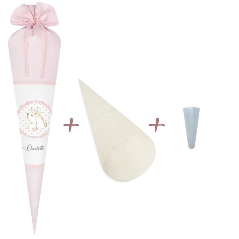 Schultüte "Hase" in Rosa mit weißen Punkten für Mädchen mit Namen | Optional mit Füllkissen und Spitzenschutz