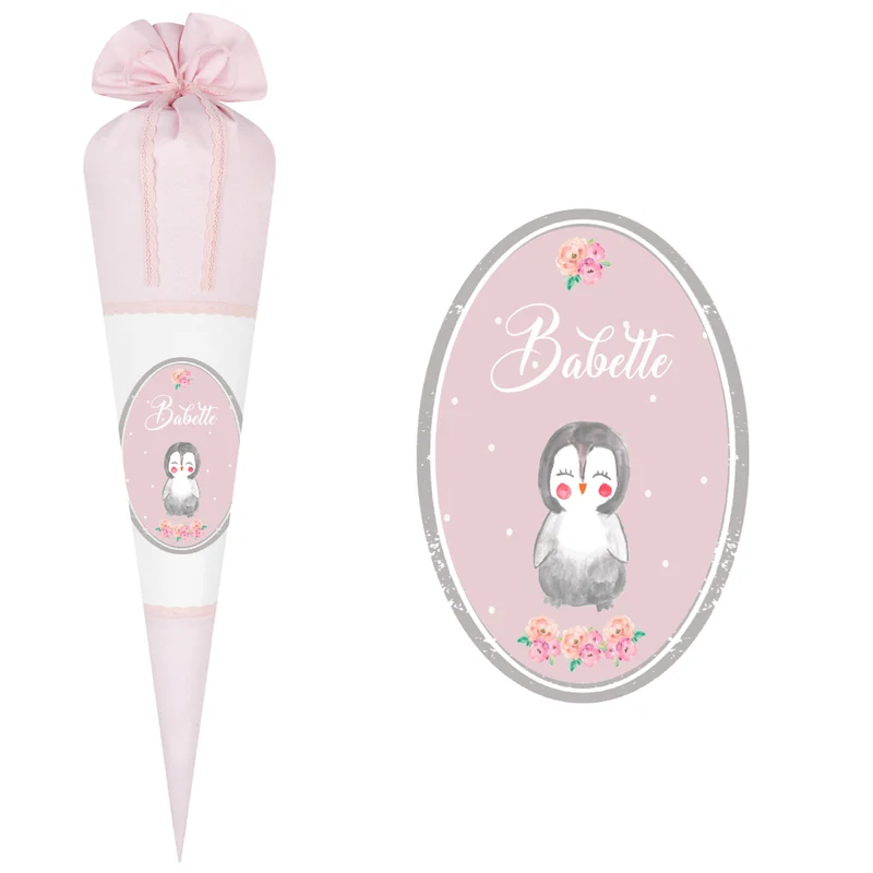 Niedliche Schultüte für Mädchen mit Pinguin und Namen in Rosa | Optional mit Füllkissen und Spitzenschutz