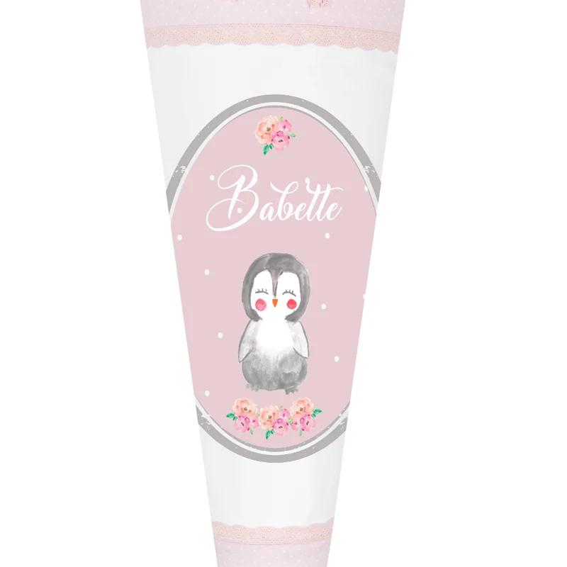Niedliche Schultüte für Mädchen mit Pinguin und Namen in Rosa | Optional mit Füllkissen und Spitzenschutz