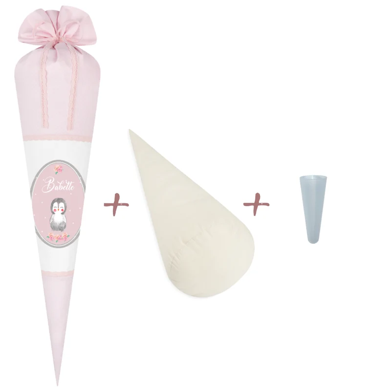 Niedliche Schultüte für Mädchen mit Pinguin und Namen in Rosa | Optional mit Füllkissen und Spitzenschutz