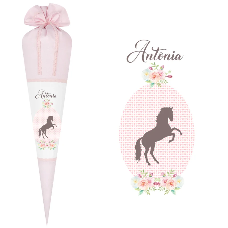 Schultüte mit Pony und Namen | Rosa Stoffschultüte für Mädchen | Optional mit Füllkissen und Spitzenschutz