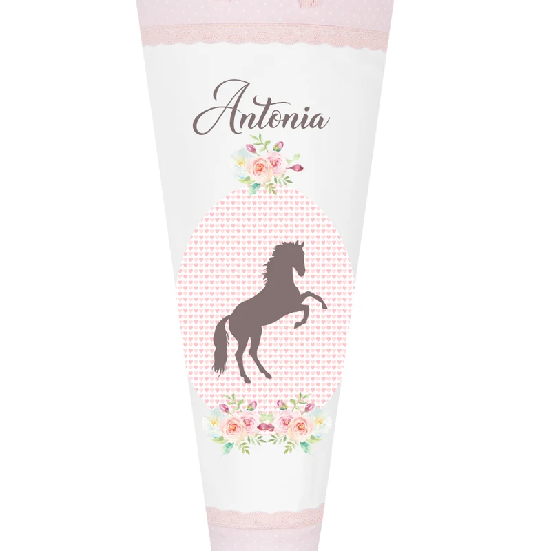 Schultüte mit Pony und Namen | Rosa Stoffschultüte für Mädchen | Optional mit Füllkissen und Spitzenschutz
