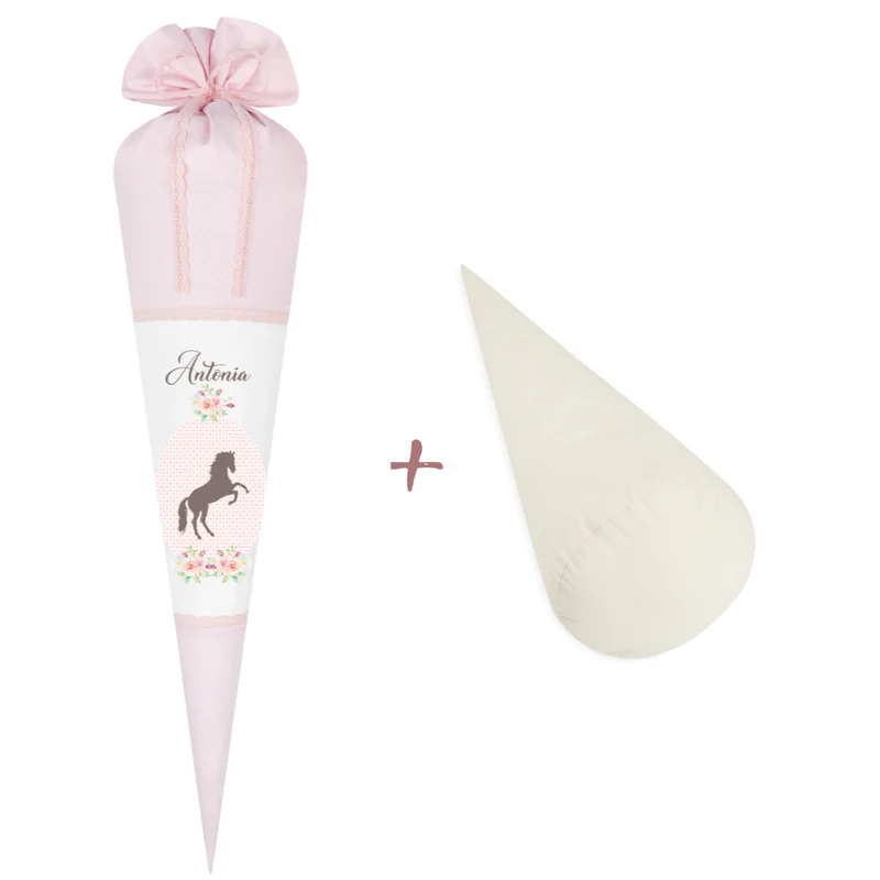 Schultüte mit Pony und Namen | Rosa Stoffschultüte für Mädchen | Optional mit Füllkissen und Spitzenschutz