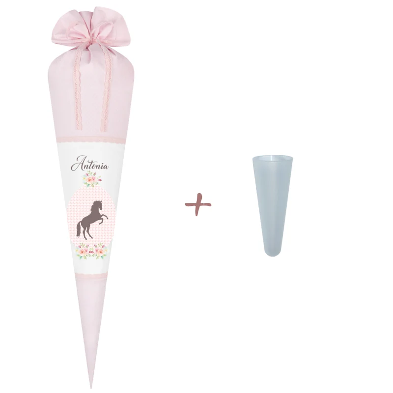 Schultüte mit Pony und Namen | Rosa Stoffschultüte für Mädchen | Optional mit Füllkissen und Spitzenschutz