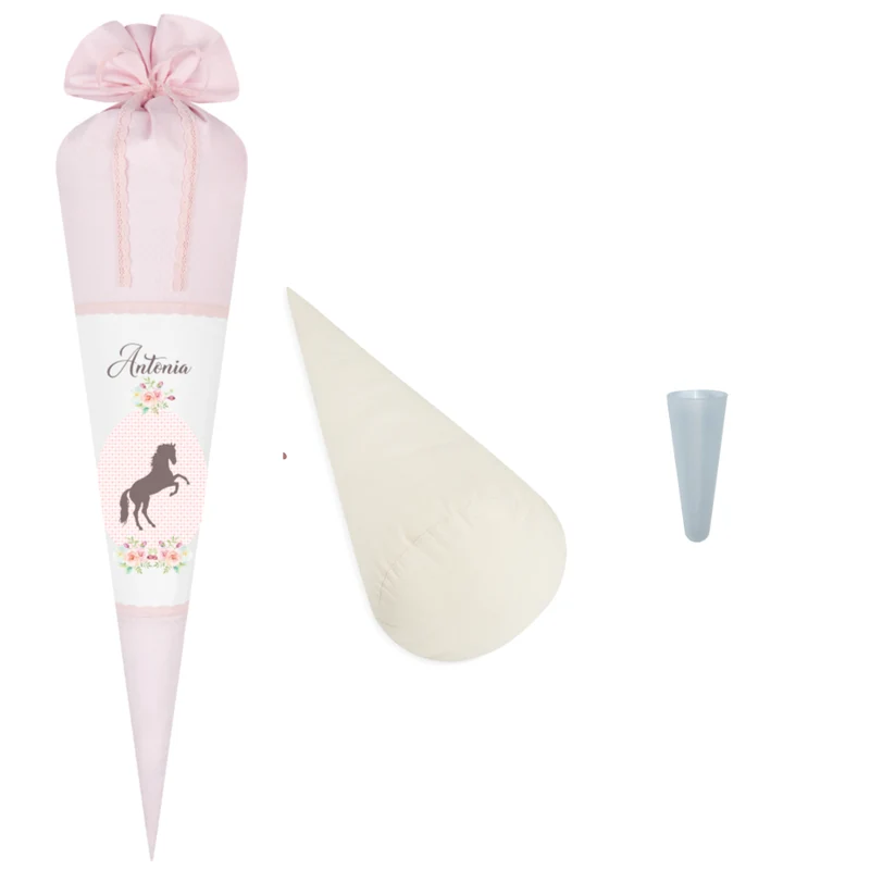 Schultüte mit Pony und Namen | Rosa Stoffschultüte für Mädchen | Optional mit Füllkissen und Spitzenschutz