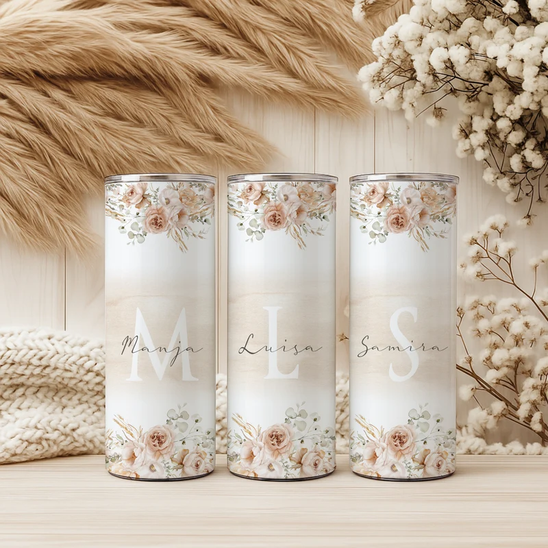 Personalisierter Thermobecher mit Namen & Initialen Boho Floral Edelstahl Kaffeebecher to go mit Strohhalm Geschenk für Frauen u. Mädchen