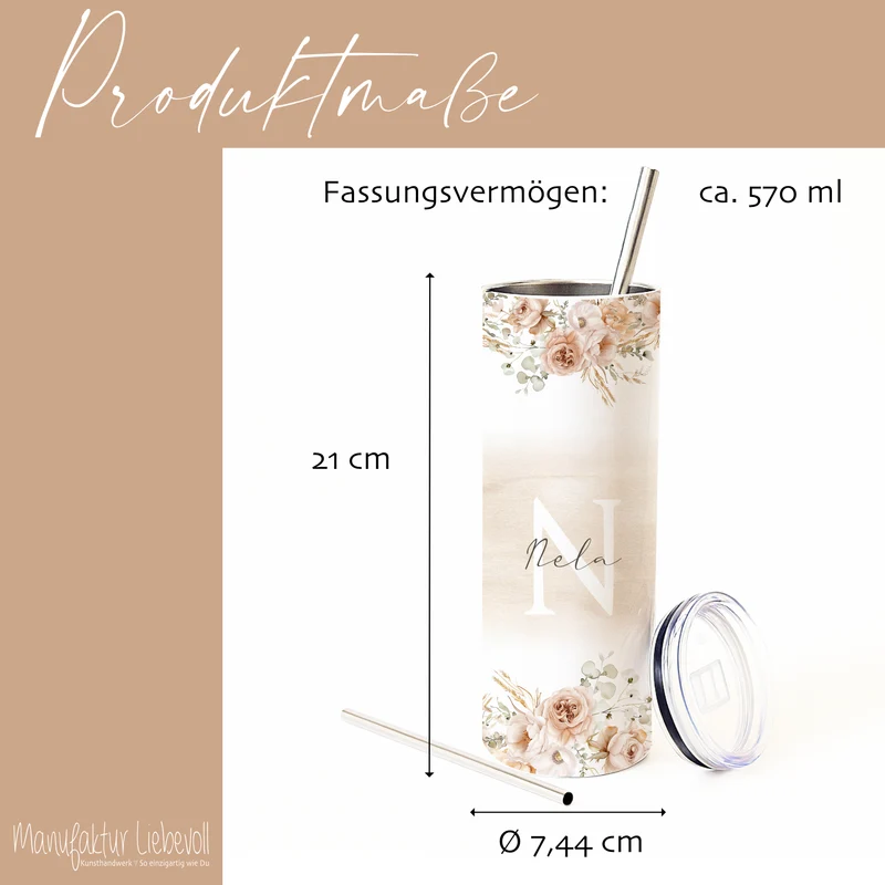 Personalisierter Thermobecher mit Namen & Initialen Boho Floral Edelstahl Kaffeebecher to go mit Strohhalm Geschenk für Frauen u. Mädchen