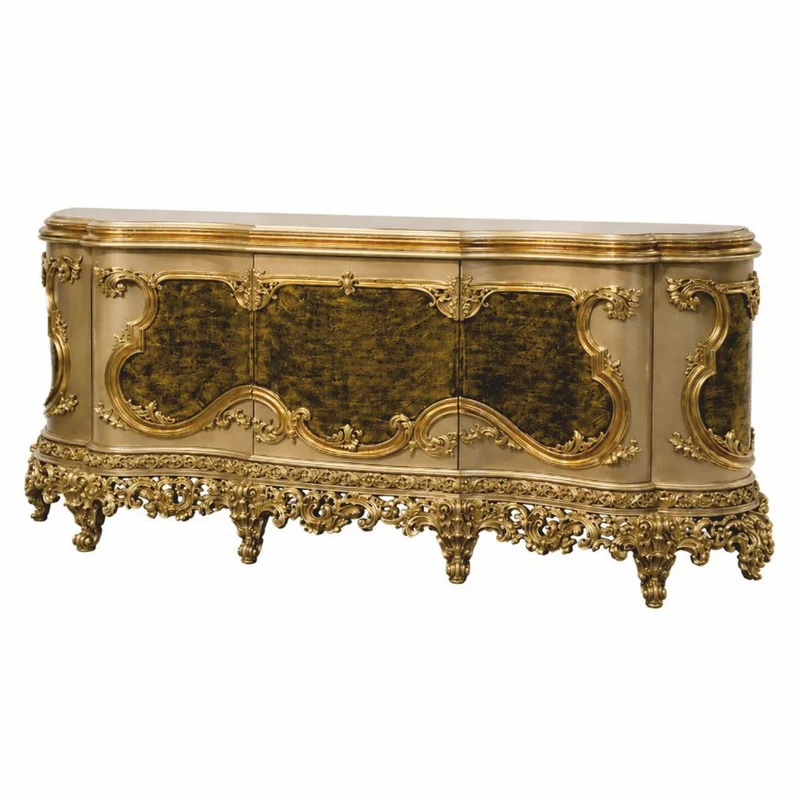 Casa Padrino Luxus Barock Massivholz Sideboard mit 3 Türen Grau / Grün / Schwarz / Gold 260 cm - Prunkvolle Barock Möbel