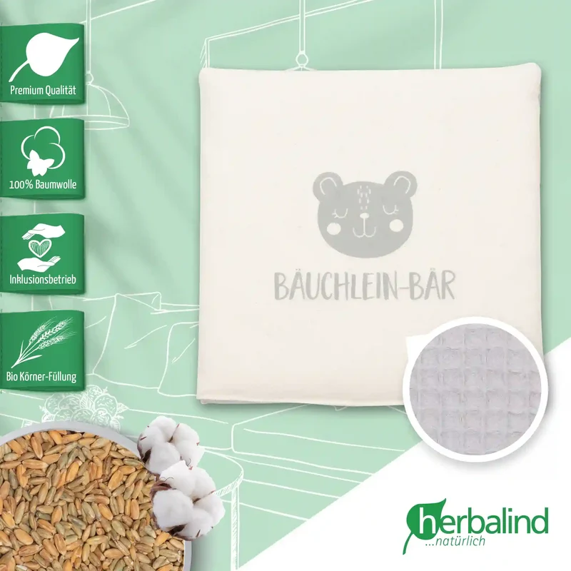 Körnerkissen Kinderkissen mit Bauchwohlmischung 19x19cm, "Bäuchlein-Bar", Waffel-Pique Grau