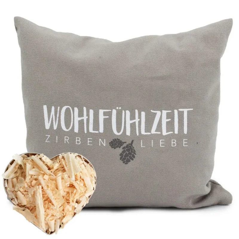 Zirbenkissen 40x40cm, "Wohlfühlzeit - Zirbenliebe", Taupe