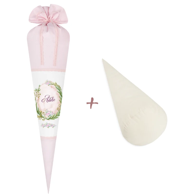 Rosa Schultüte mit floralen Motiv | Stoffschultüte für Mädchen mit Namen | Optional mit Füllkissen und Spitzenschutz