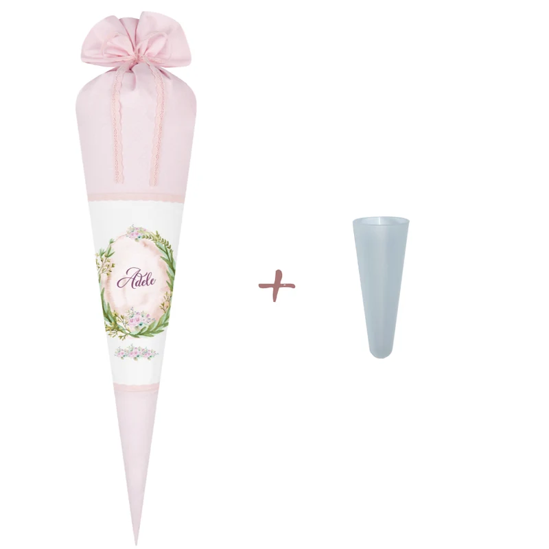 Rosa Schultüte mit floralen Motiv | Stoffschultüte für Mädchen mit Namen | Optional mit Füllkissen und Spitzenschutz