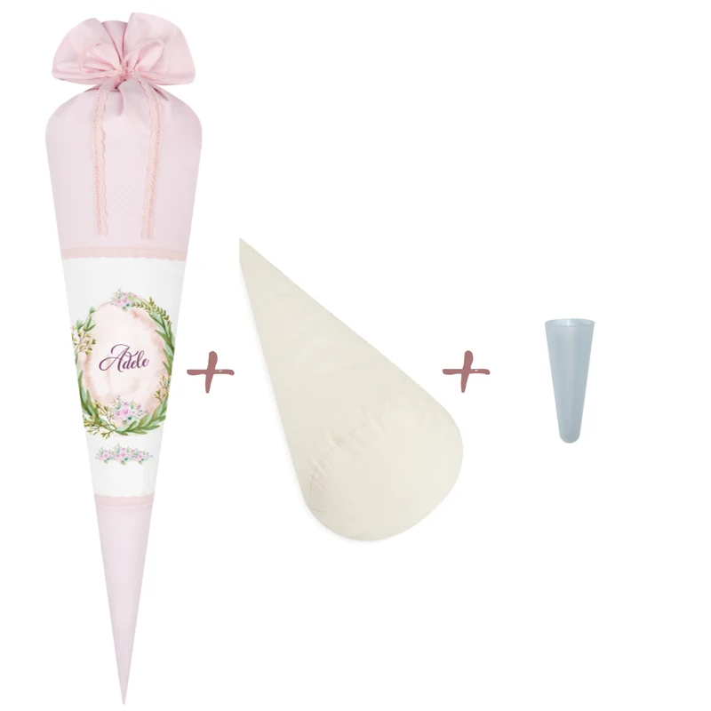 Rosa Schultüte mit floralen Motiv | Stoffschultüte für Mädchen mit Namen | Optional mit Füllkissen und Spitzenschutz