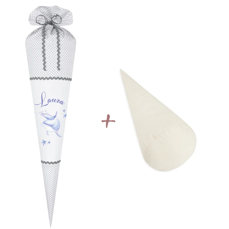 Schultüte für Mädchen | Stoffschultüte mit Delfin und Namen des Kindes | Optional mit Füllkissen und Spitzenschutz