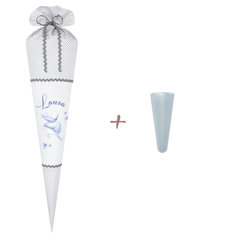 Schultüte für Mädchen | Stoffschultüte mit Delfin und Namen des Kindes | Optional mit Füllkissen und Spitzenschutz