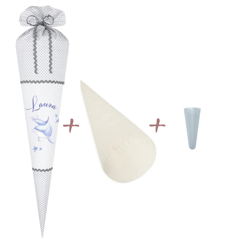 Schultüte für Mädchen | Stoffschultüte mit Delfin und Namen des Kindes | Optional mit Füllkissen und Spitzenschutz