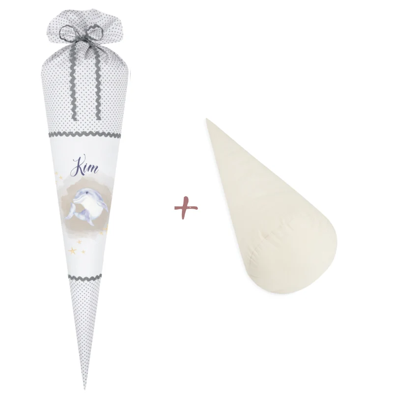 Schultüte mit Delfin und Namen | Stoffschultüte für das Schulkind | Optional mit Füllkissen und Spitzenschutz