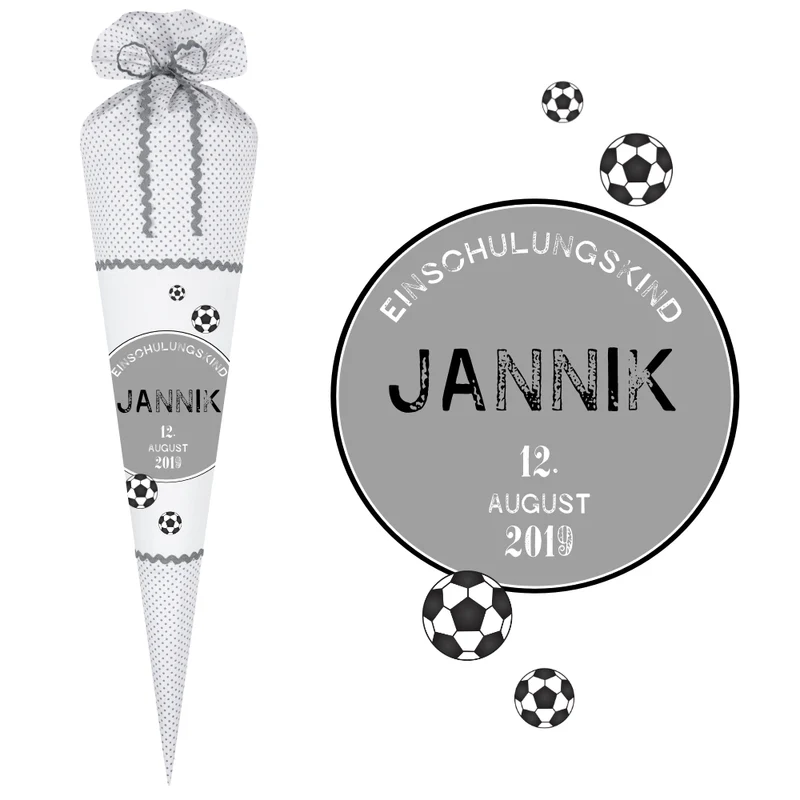 Coole Stoffschultüte für Jungen | Schultüte für Fußballfans aus Stoff mit dem Namen und Fußbällen handgefertigt | Optional mit Füllkissen und Spitzenschutz