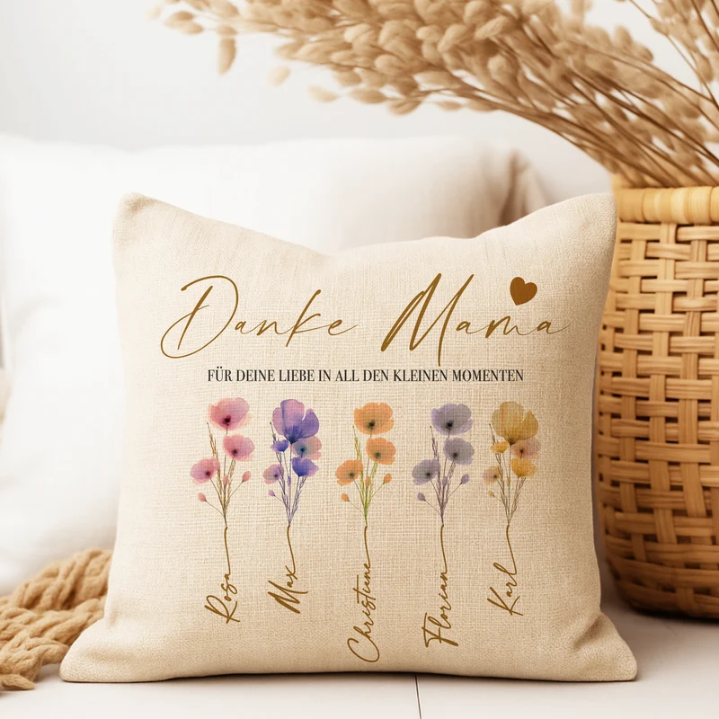 Personalisiertes Kissen mit Namen – Geschenk für Oma, Opa, Mama, Papa, Uroma & Uropa – Aquarell Blumen – Kissen Leinenoptik 40x40 – Familiengeschenk mit Enkelnamen – Danke oder Beste/r