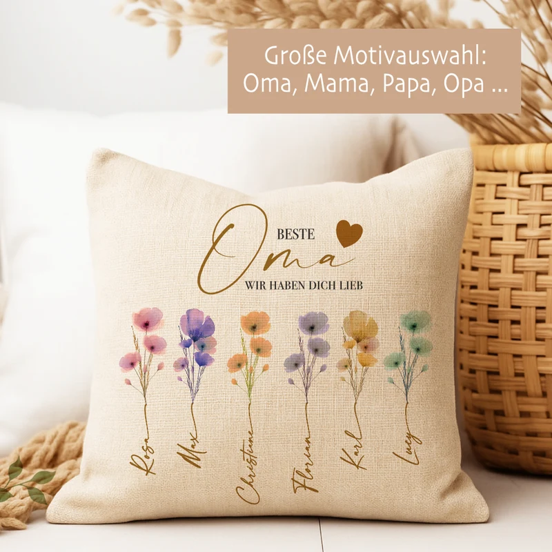 Personalisiertes Kissen mit Namen – Geschenk für Oma, Opa, Mama, Papa, Uroma & Uropa – Aquarell Blumen – Kissen Leinenoptik 40x40 – Familiengeschenk mit Enkelnamen – Danke oder Beste/r