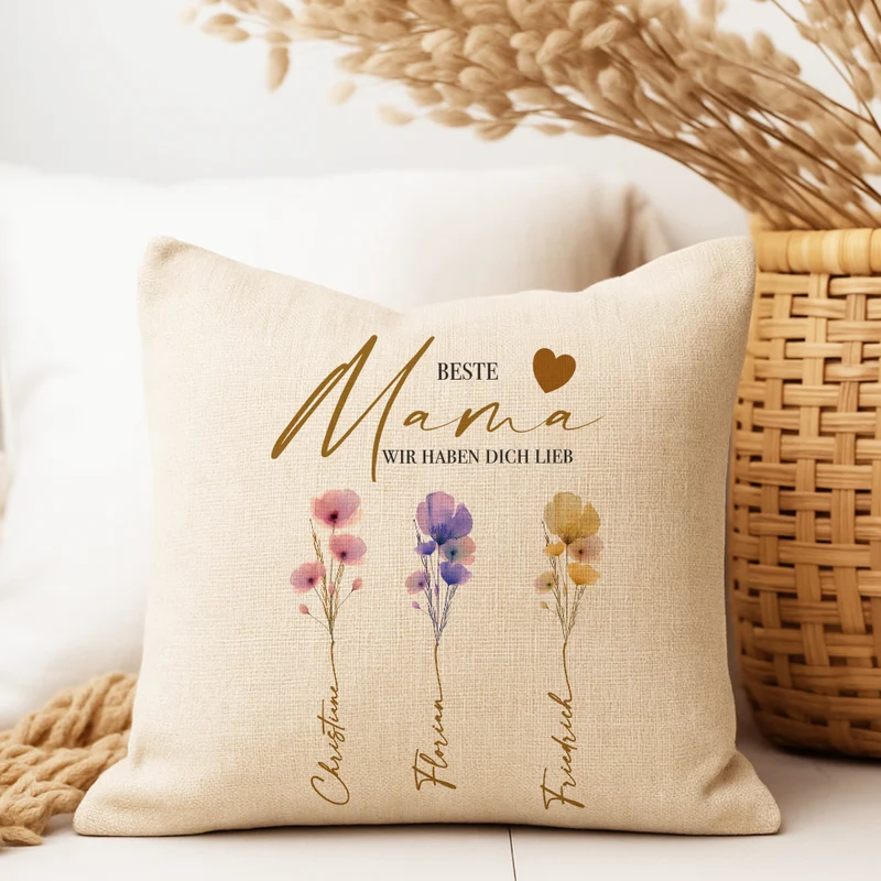 Personalisiertes Kissen mit Namen – Geschenk für Oma, Opa, Mama, Papa, Uroma & Uropa – Aquarell Blumen – Kissen Leinenoptik 40x40 – Familiengeschenk mit Enkelnamen – Danke oder Beste/r