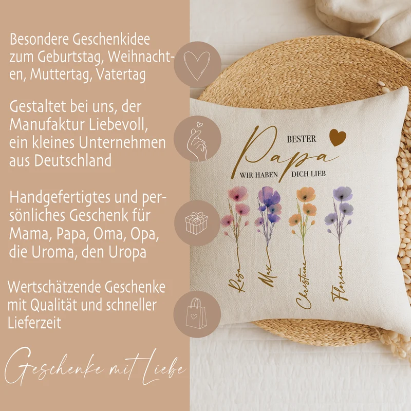 Personalisiertes Kissen mit Namen – Geschenk für Oma, Opa, Mama, Papa, Uroma & Uropa – Aquarell Blumen – Kissen Leinenoptik 40x40 – Familiengeschenk mit Enkelnamen – Danke oder Beste/r