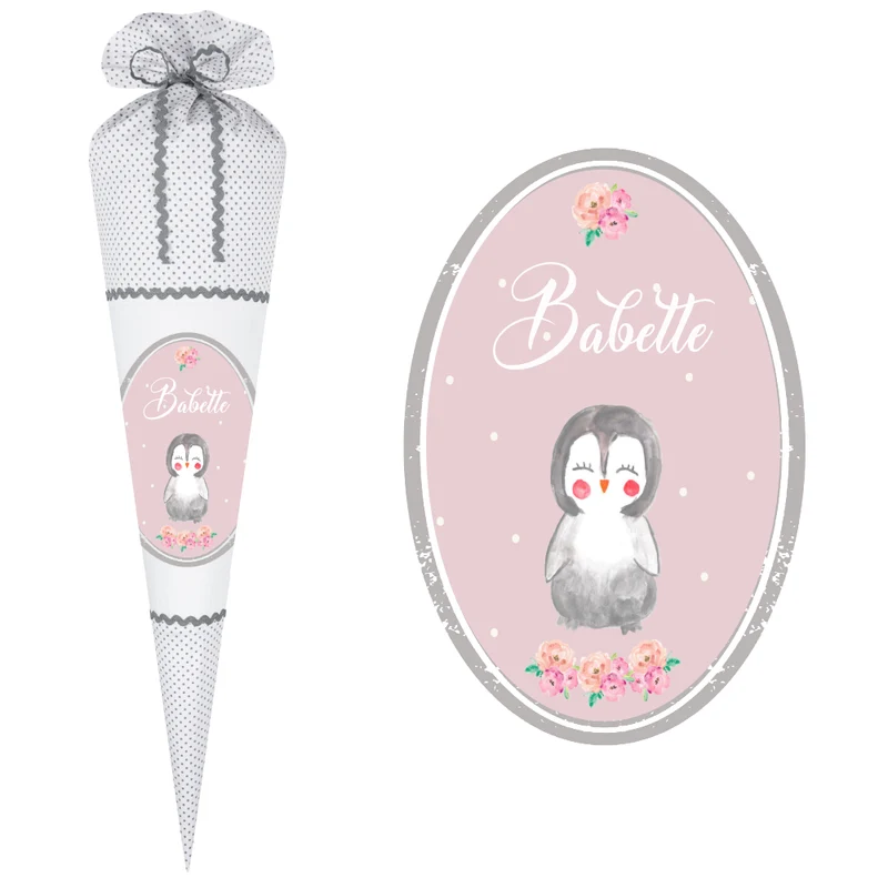 "Pinguin" Stoffschultüte für Mädchen | Schultüte aus weißem Stoff mit grauen Punkten | Personalisiert mit dem Namen des Einschulungskindes | Optional mit Füllkissen und Spitzenschutz