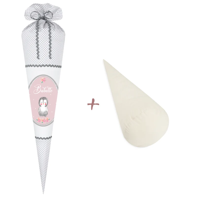 "Pinguin" Stoffschultüte für Mädchen | Schultüte aus weißem Stoff mit grauen Punkten | Personalisiert mit dem Namen des Einschulungskindes | Optional mit Füllkissen und Spitzenschutz