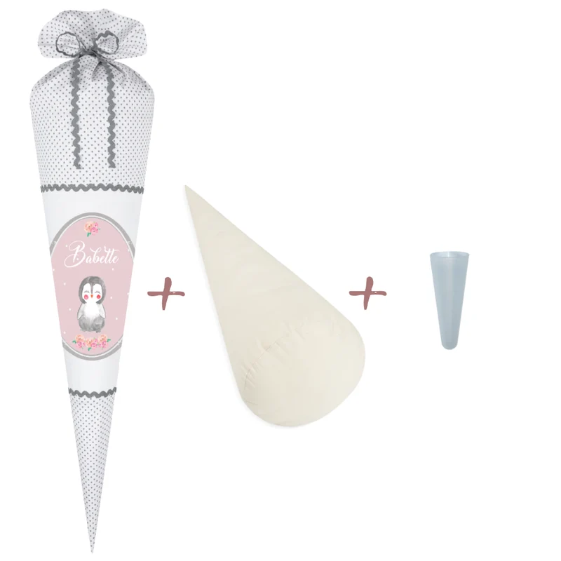 "Pinguin" Stoffschultüte für Mädchen | Schultüte aus weißem Stoff mit grauen Punkten | Personalisiert mit dem Namen des Einschulungskindes | Optional mit Füllkissen und Spitzenschutz