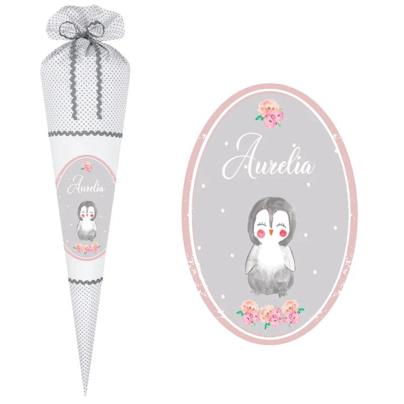 Schultüte für Mädchen mit schönem Pinguin | Stoffschultüte mit Namen | Handgefertigte Stoffschultüte zum Schulbeginn | Optional mit Füllkissen und Spitzenschutz