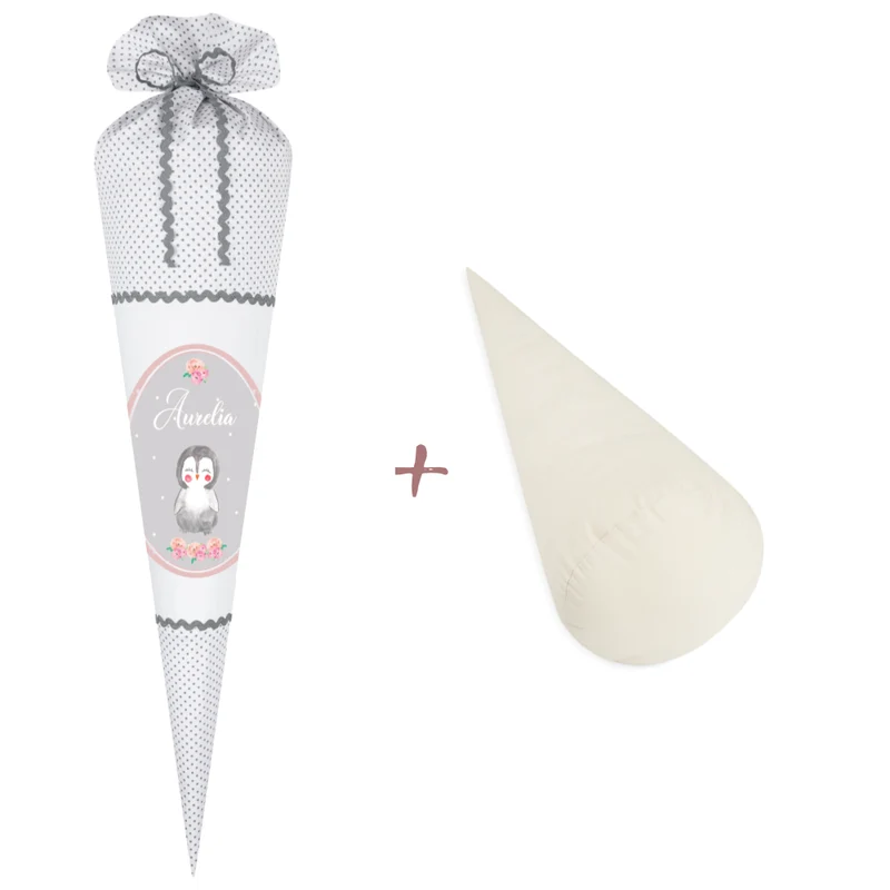 Schultüte für Mädchen mit schönem Pinguin | Stoffschultüte mit Namen | Handgefertigte Stoffschultüte zum Schulbeginn | Optional mit Füllkissen und Spitzenschutz