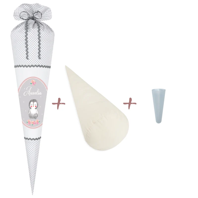 Schultüte für Mädchen mit schönem Pinguin | Stoffschultüte mit Namen | Handgefertigte Stoffschultüte zum Schulbeginn | Optional mit Füllkissen und Spitzenschutz
