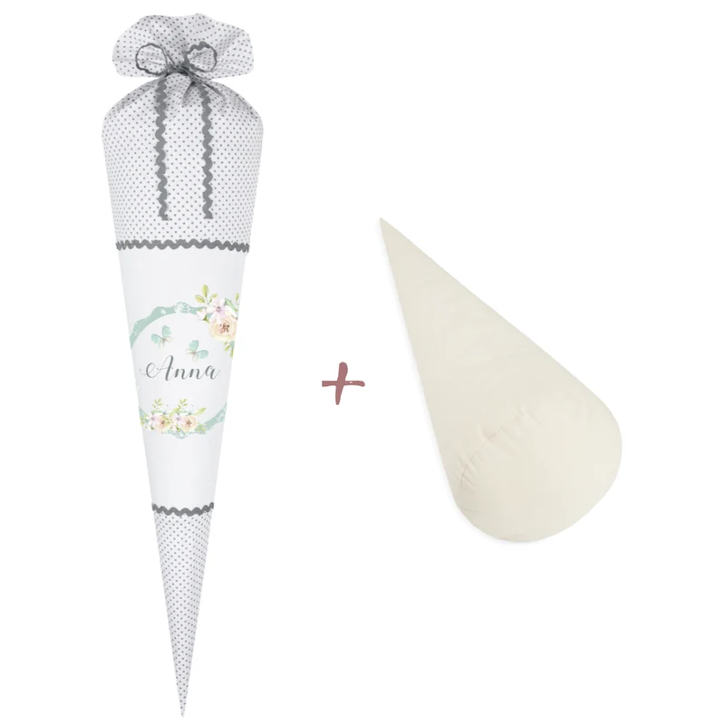 Weiße Schultüte mit grauen Punkten "Floral" | Stoffschultüte für Mädchen mit Namen | Optional mit Füllkissen und Spitzenschutz